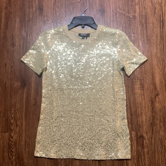 DKNY Sequined Gold T-Shirt Size XXS NWT - Picture 1 of 10